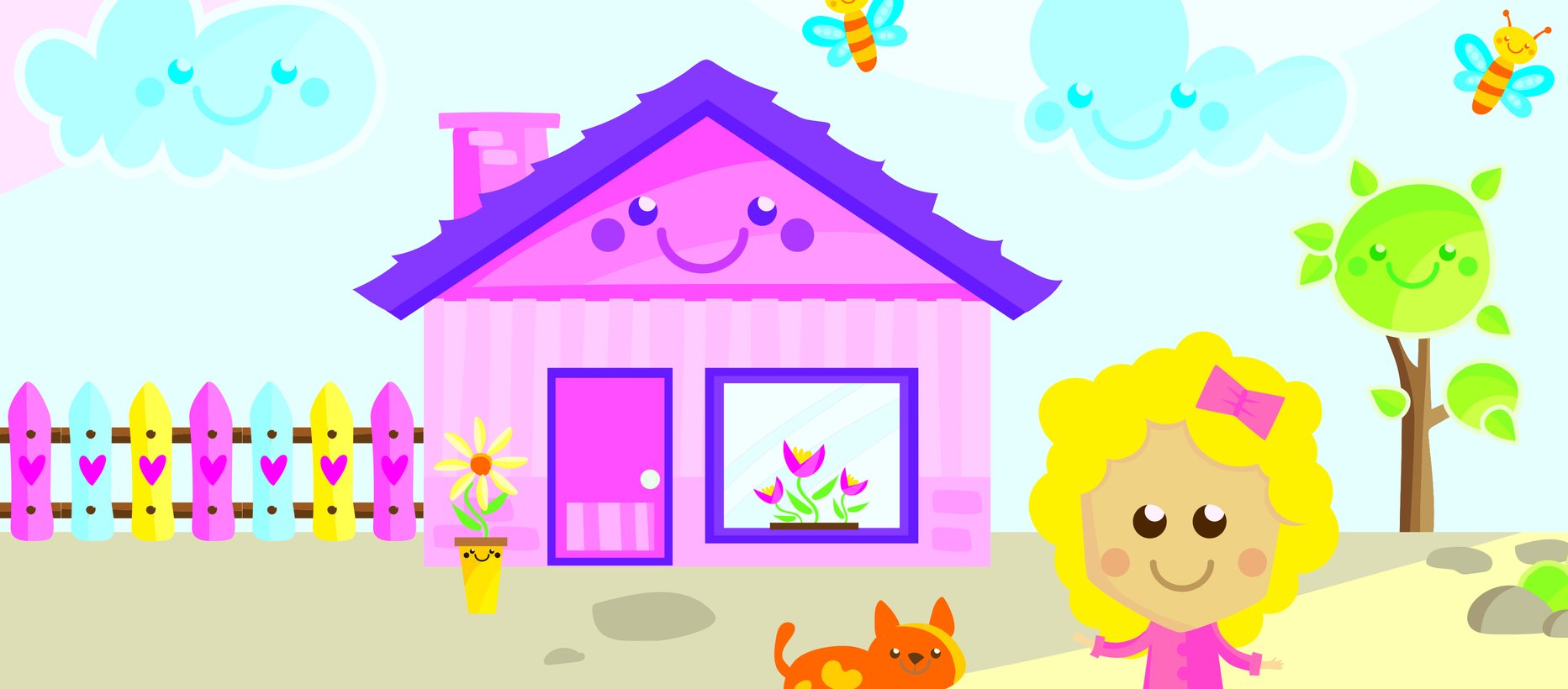 Piirretty kuva jossa tyttö ja kissa talon ja aidan edessä.